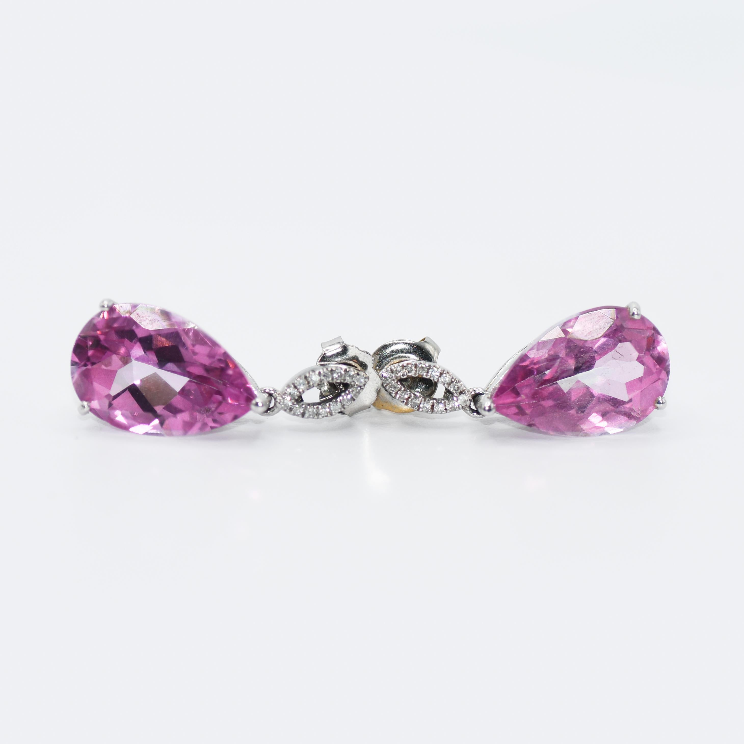 14K White Gold Pink Lab Topaz & Diamond Earrings, 15.00tcw, 6.8g For Sale 1