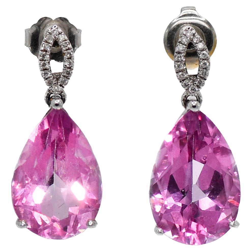 14K White Gold Pink Lab Topaz & Diamond Earrings, 15.00tcw, 6.8g For Sale