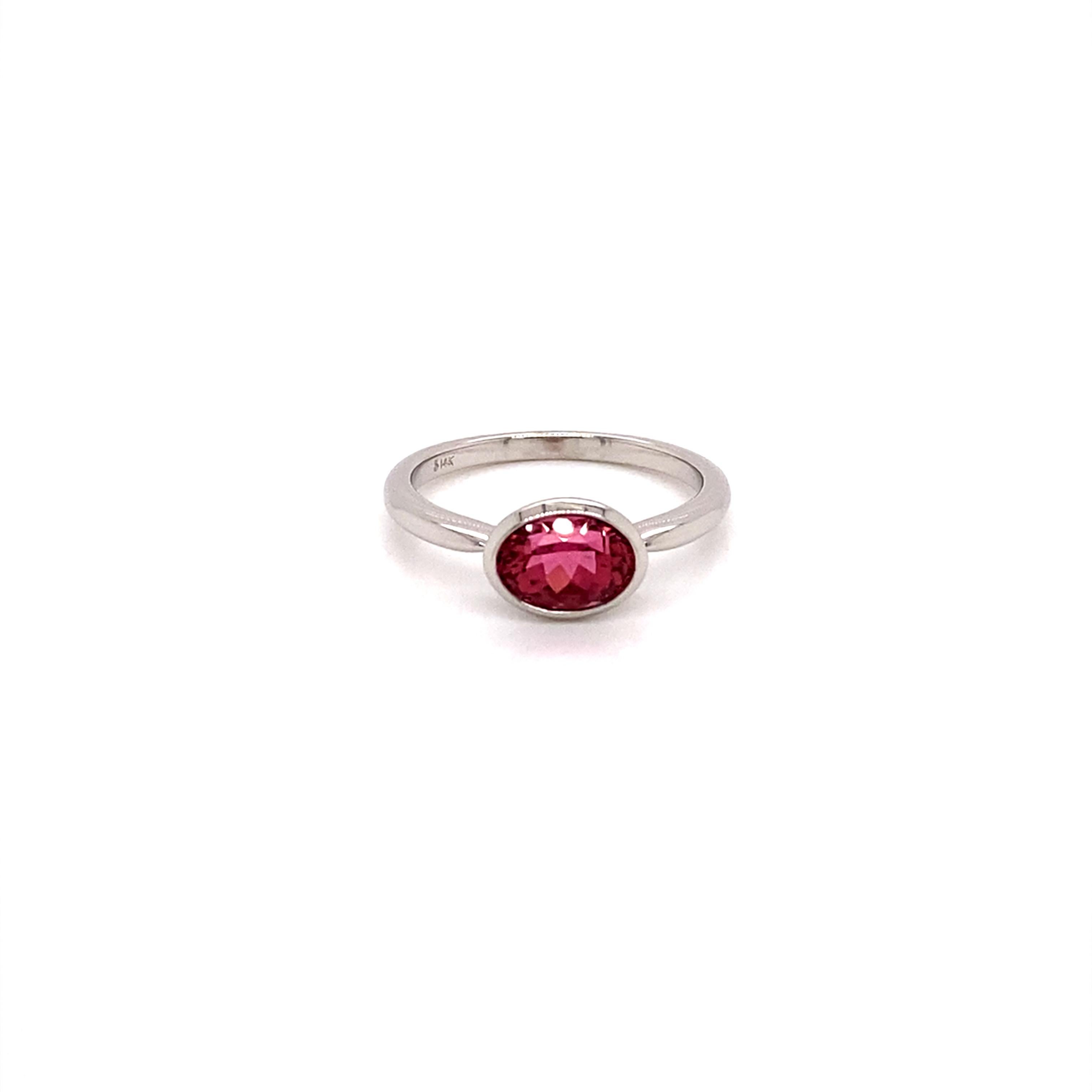 Contemporary 14k White Gold Pink Oval Tourmaline East West Horizontal Ring For Sale