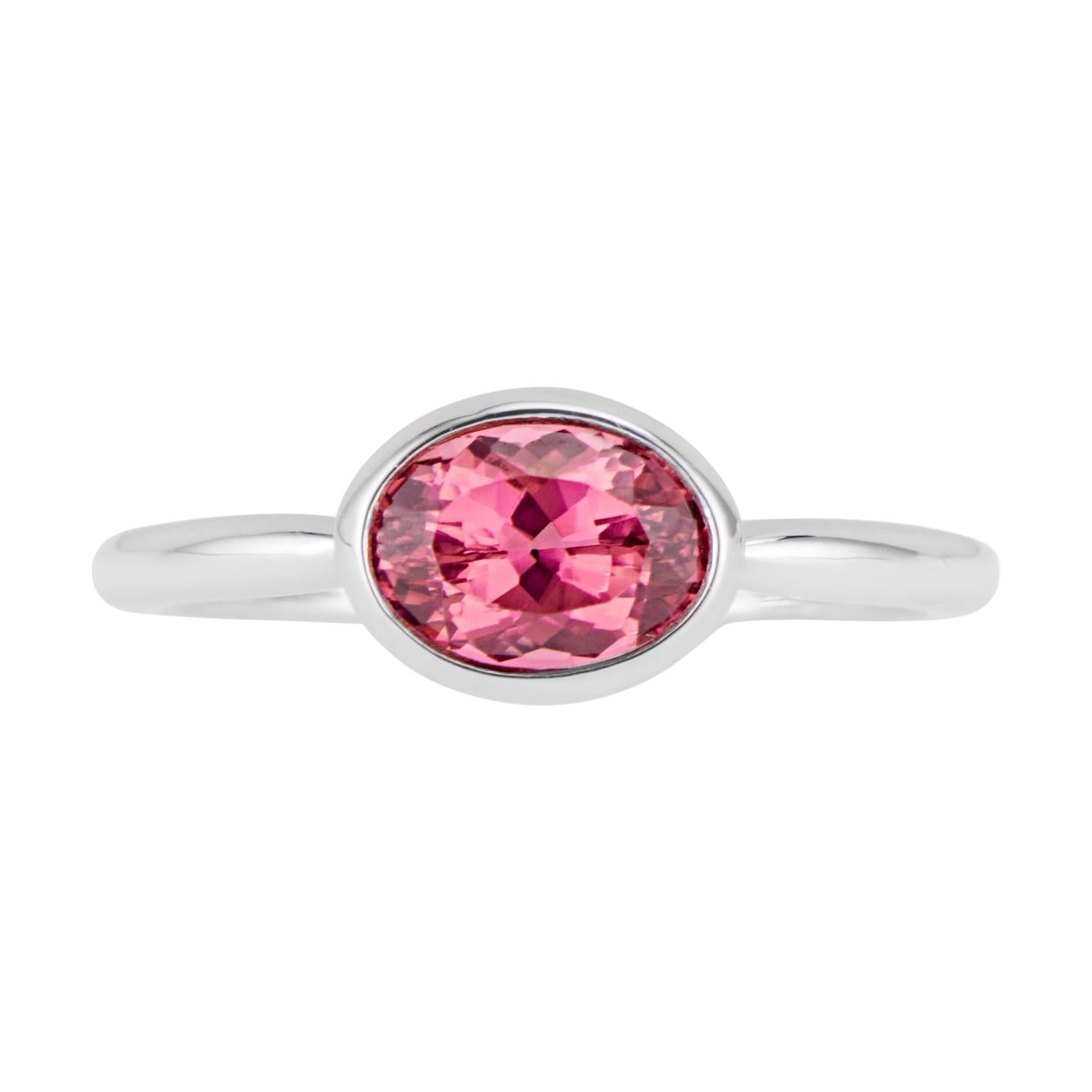 14k White Gold Pink Oval Tourmaline East West Horizontal Ring For Sale