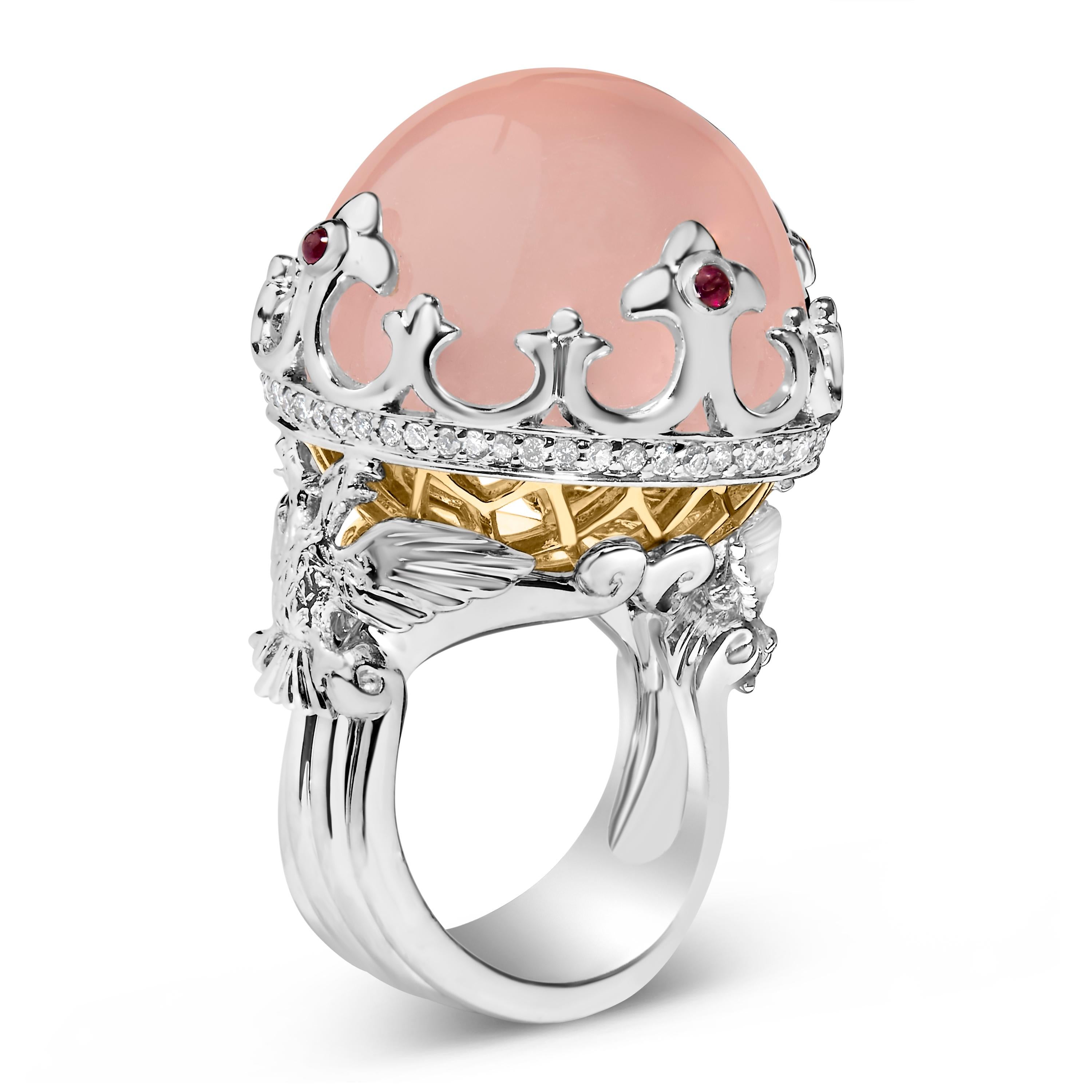 Modern 14K White Gold Pink Quartz Crystal Ball & Diamond & Ruby Crown Cocktail Ring For Sale