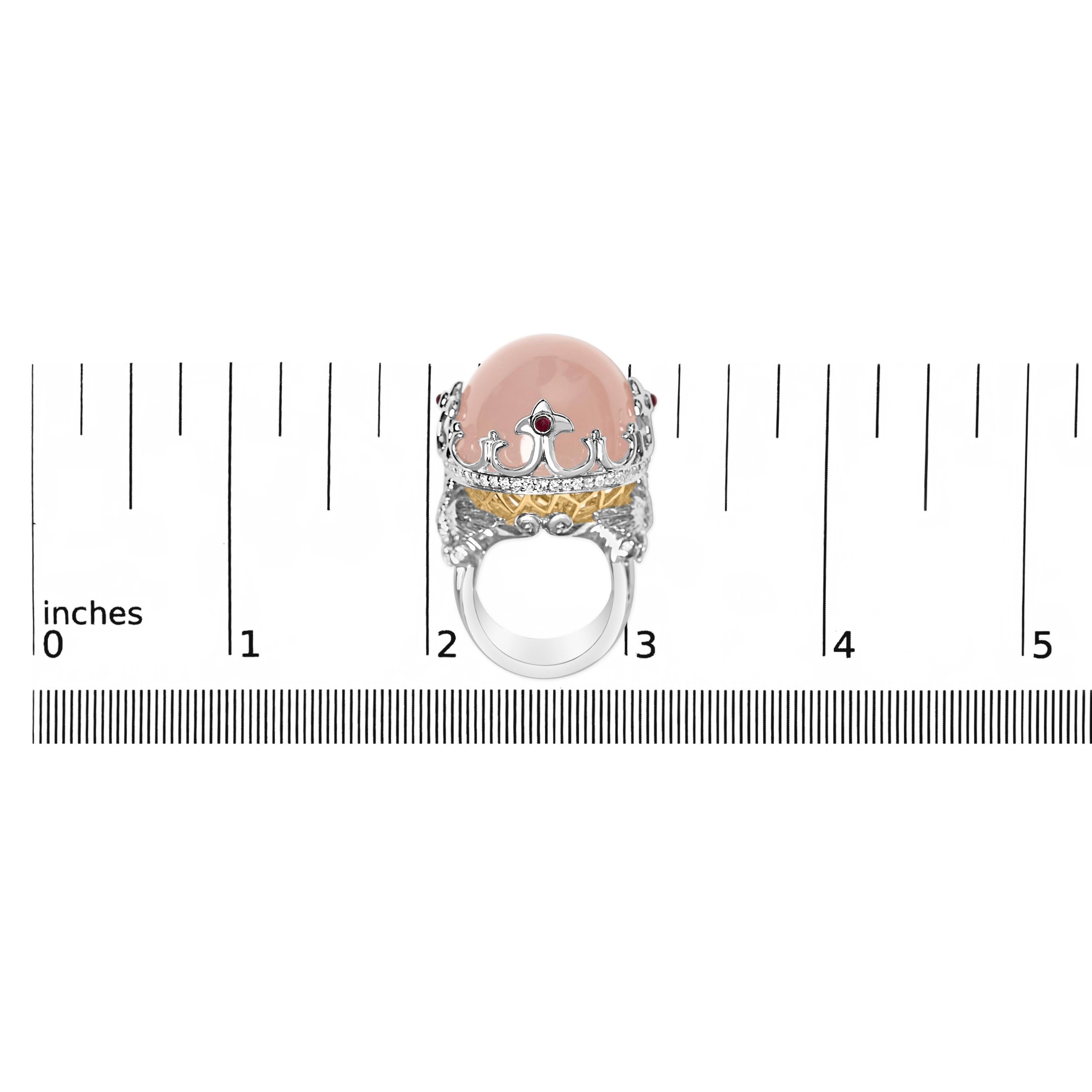 Round Cut 14K White Gold Pink Quartz Crystal Ball & Diamond & Ruby Crown Cocktail Ring For Sale