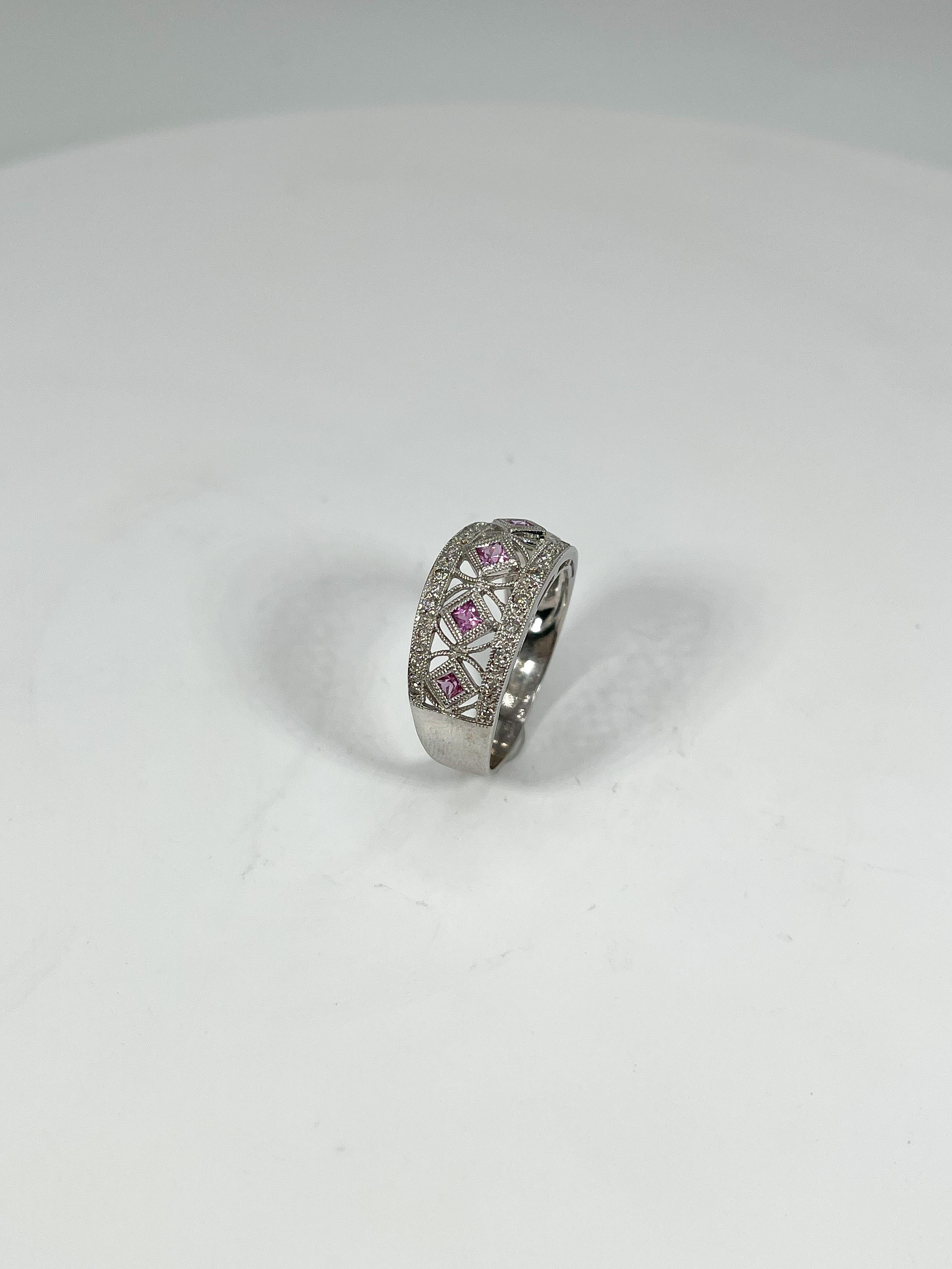 Princess Cut 14K White Gold Pink Sapphire .50 CTW and Diamond .25 CTW Band For Sale