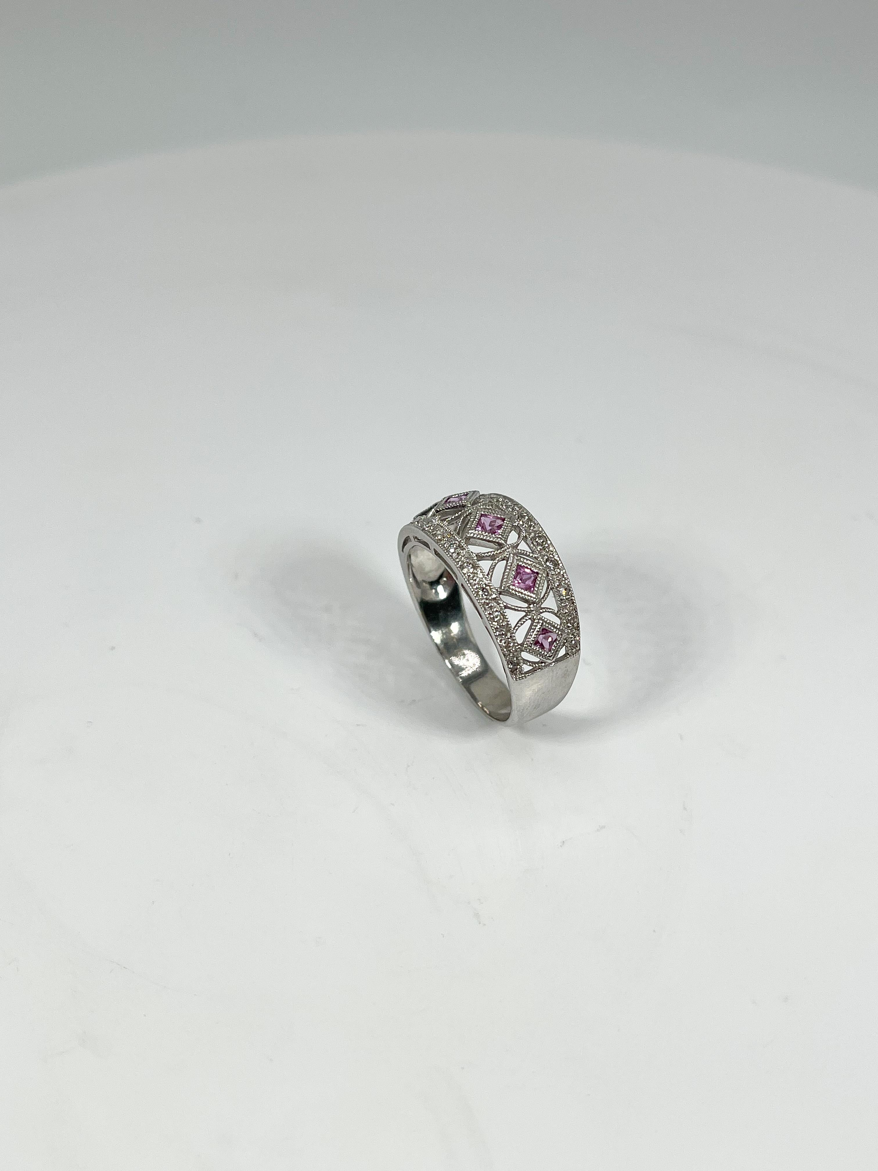 14K White Gold Pink Sapphire .50 CTW and Diamond .25 CTW Band In Excellent Condition For Sale In Stuart, FL