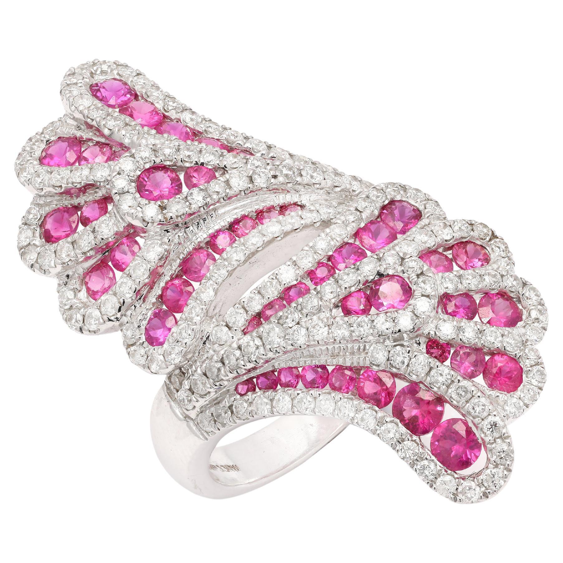 For Sale:  14K White Gold Pink Sapphire and Diamond Designer Cocktail Wedding Ring