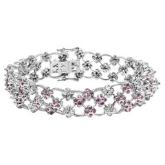 14K Weißgold Pink Saphir und Diamant Floral Lattice Link Bracelet