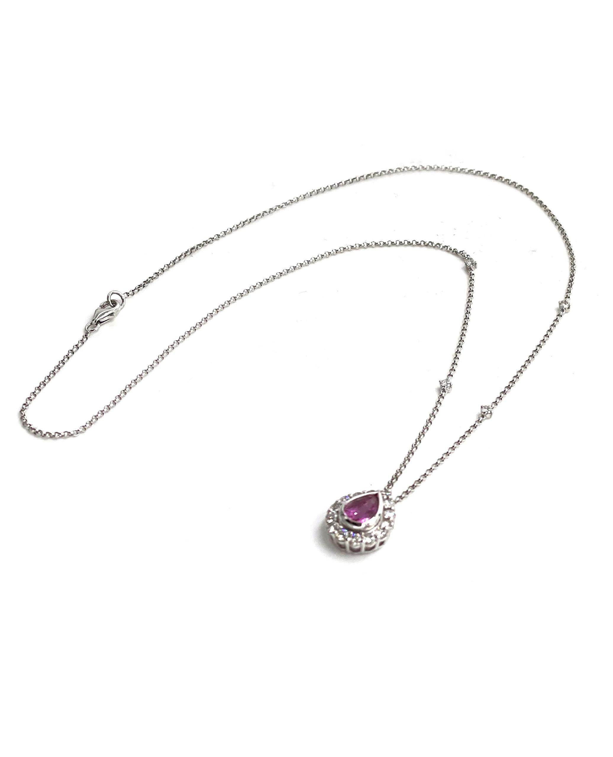 Contemporary 14k White Gold Pink Sapphire and Diamond Halo Necklace For Sale