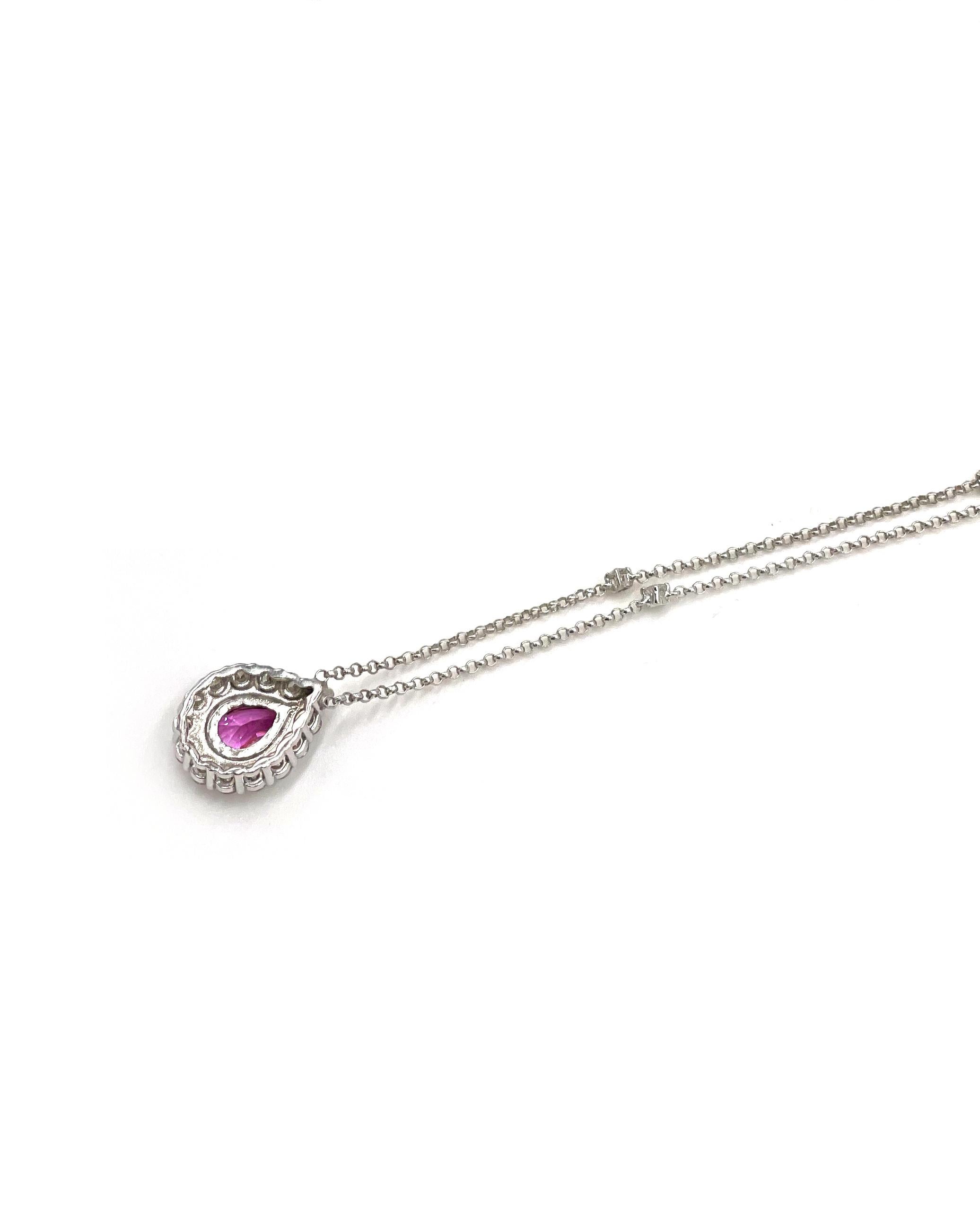 Pear Cut 14k White Gold Pink Sapphire and Diamond Halo Necklace For Sale