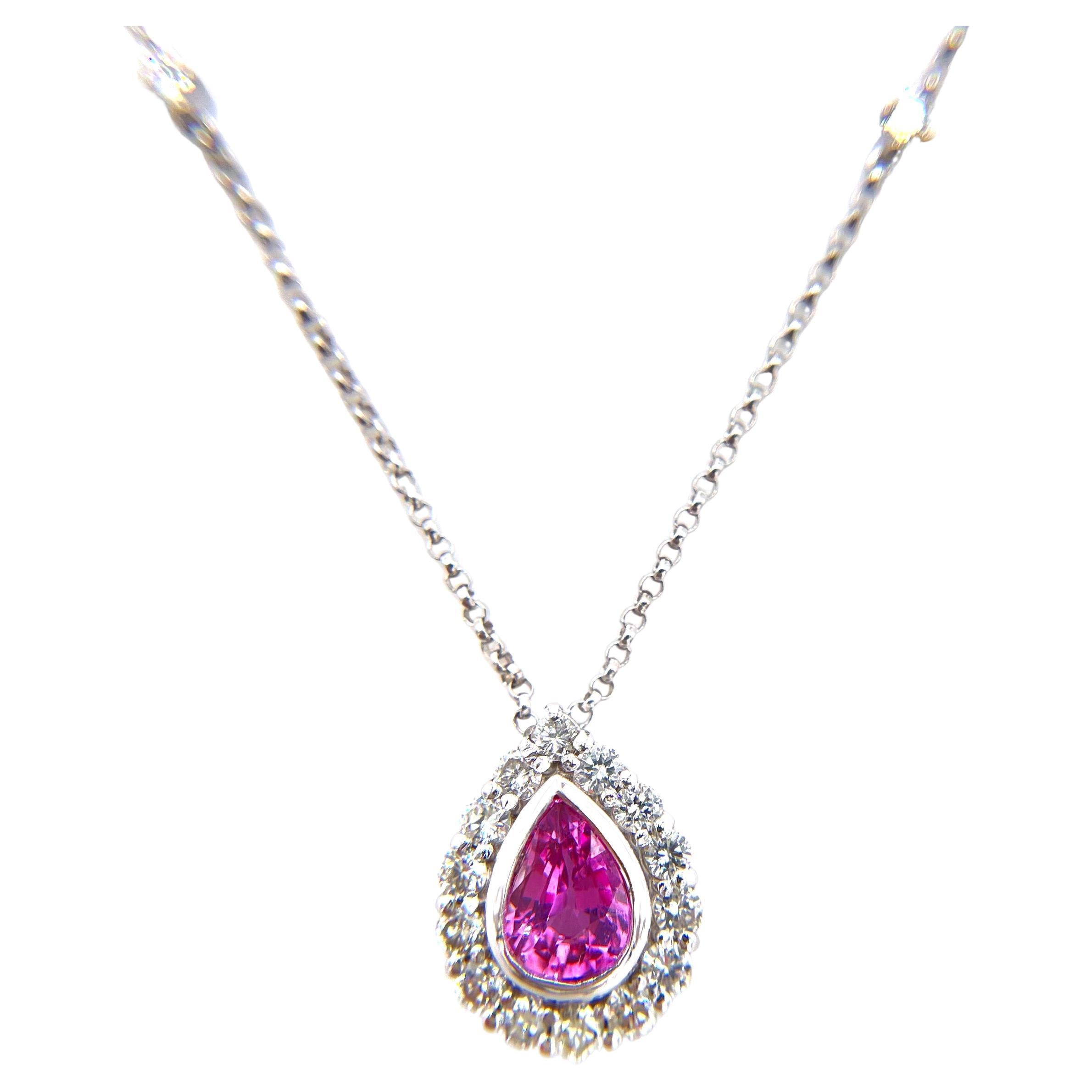 14k White Gold Pink Sapphire and Diamond Halo Necklace For Sale