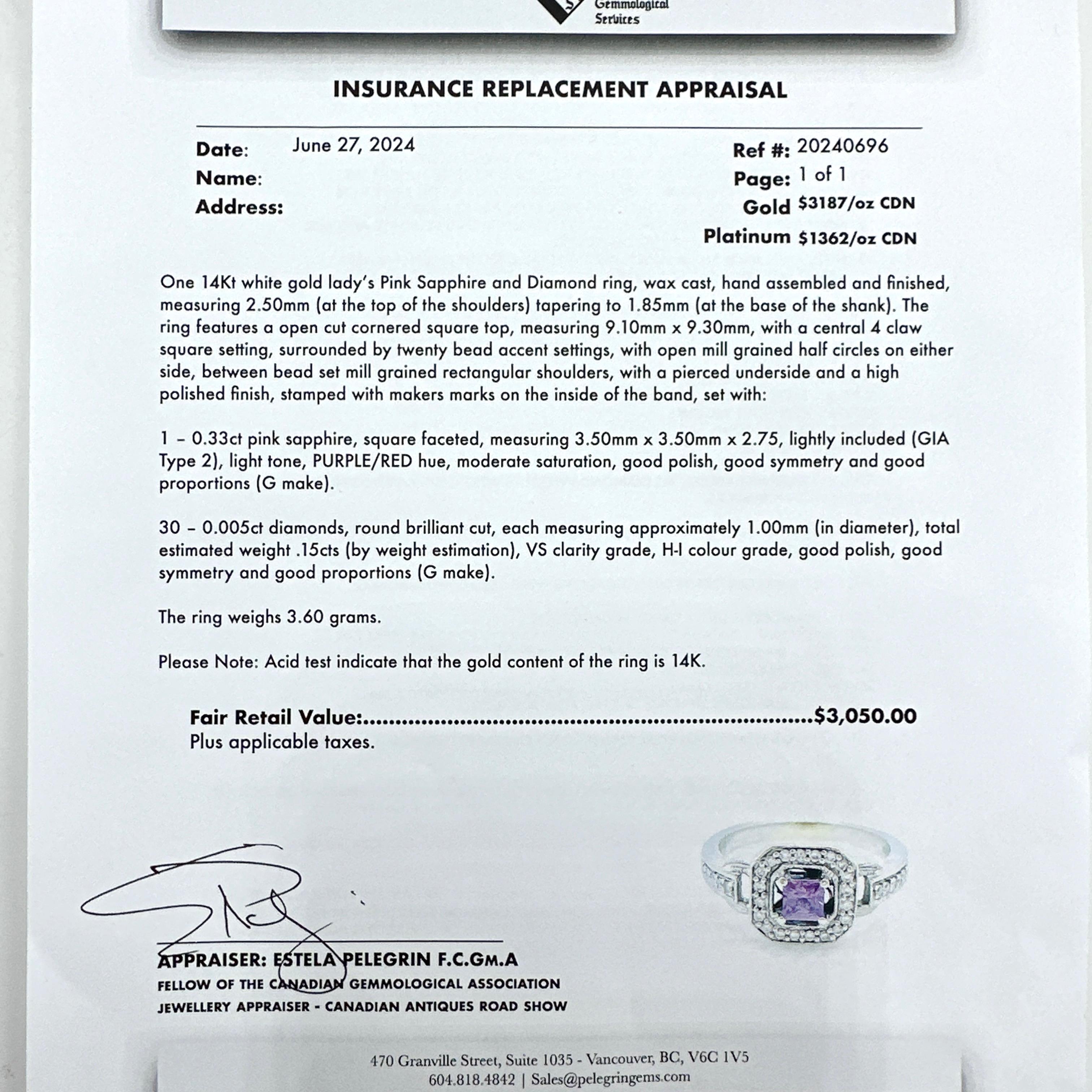 Here is a lovely 14k White Gold Pink Sapphire and Natural Diamond Ring.

This ring features a 0.33ct square cut pink sapphire measuring 3.50mm x 3.50mm x 2.75mm. Sapphire is lightly included with light tone, purple red hue, moderate saturation with
