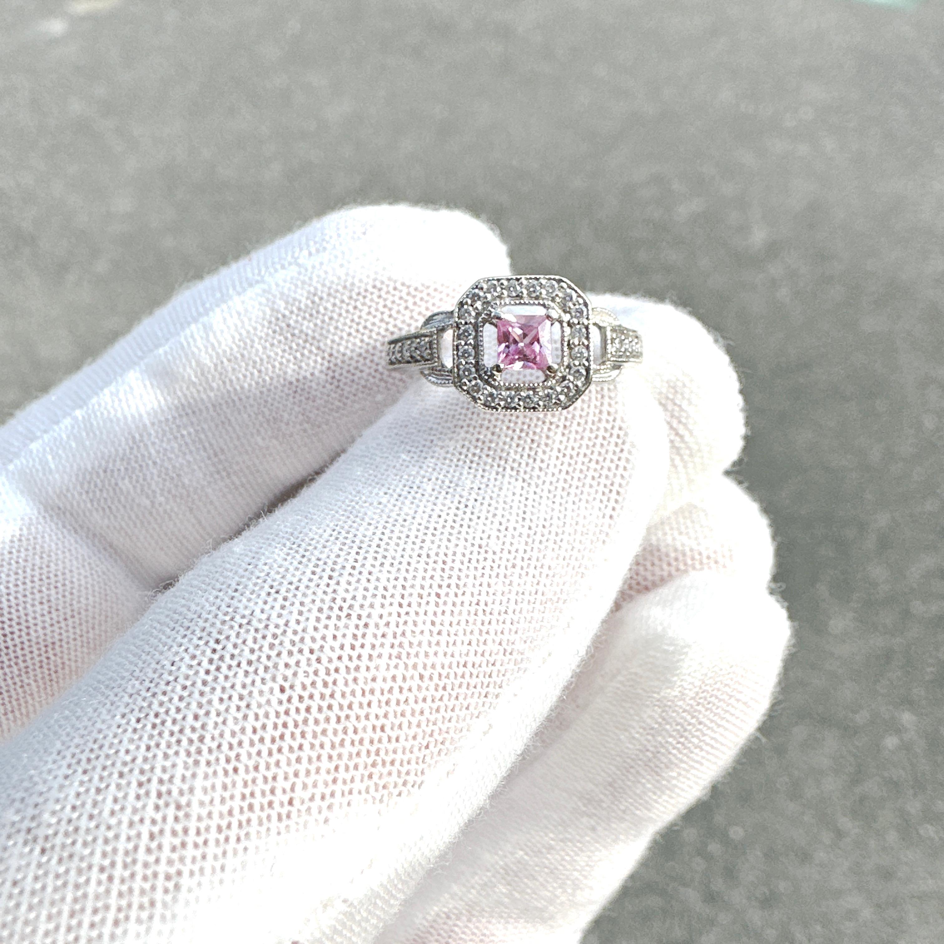 Princess Cut 14k White Gold Pink Sapphire and Natural Diamond Ring 0.48TCW