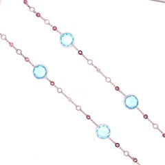 14 Karat White Gold Pink Sapphire Blue Topaz Diamond Link Necklace