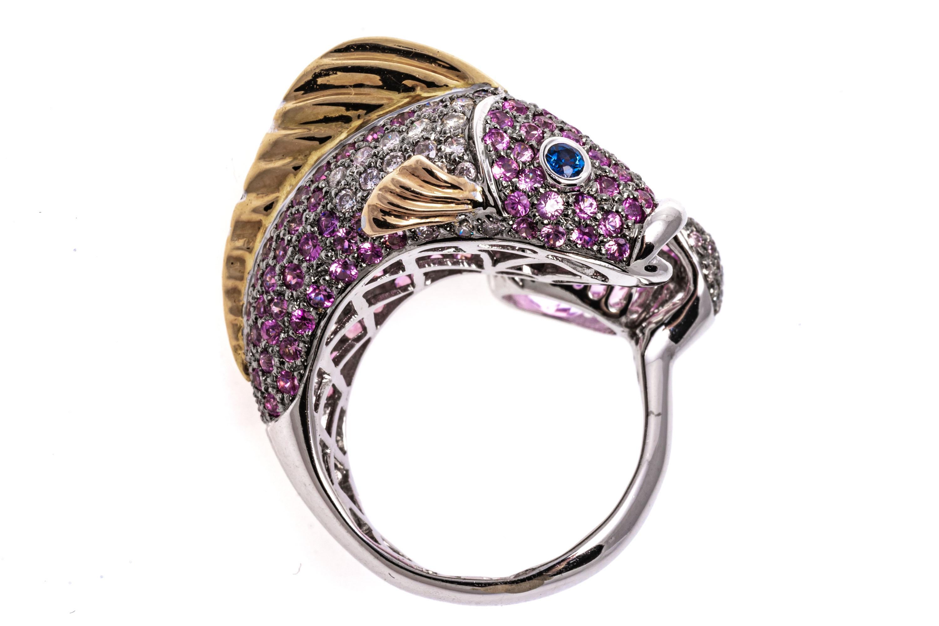 14k White Gold Pink Sapphire, Diamond and Kunzite Bypass Fish Ring 2