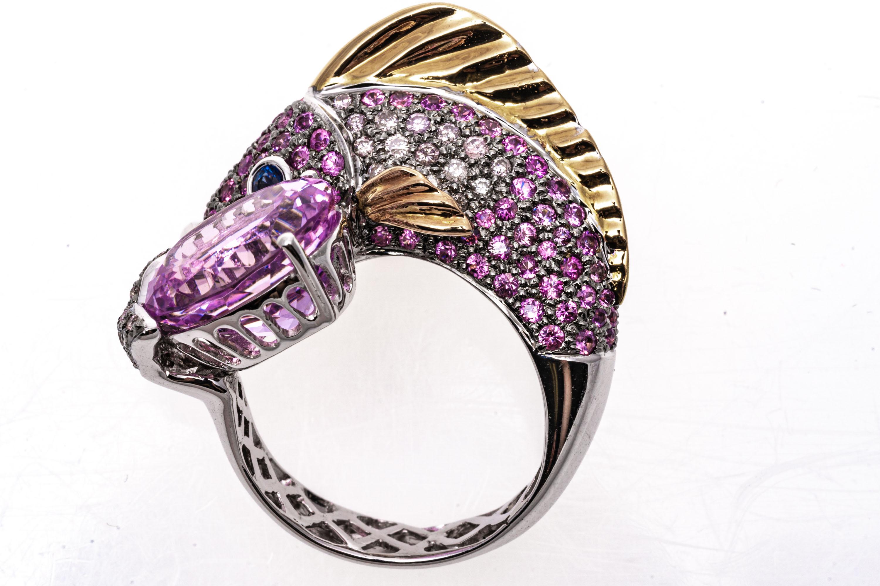 14k White Gold Pink Sapphire, Diamond and Kunzite Bypass Fish Ring 6