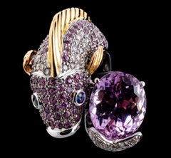 Anello a forma di pesce bypass con zaffiro rosa, diamante e Kunzite in oro bianco 14k