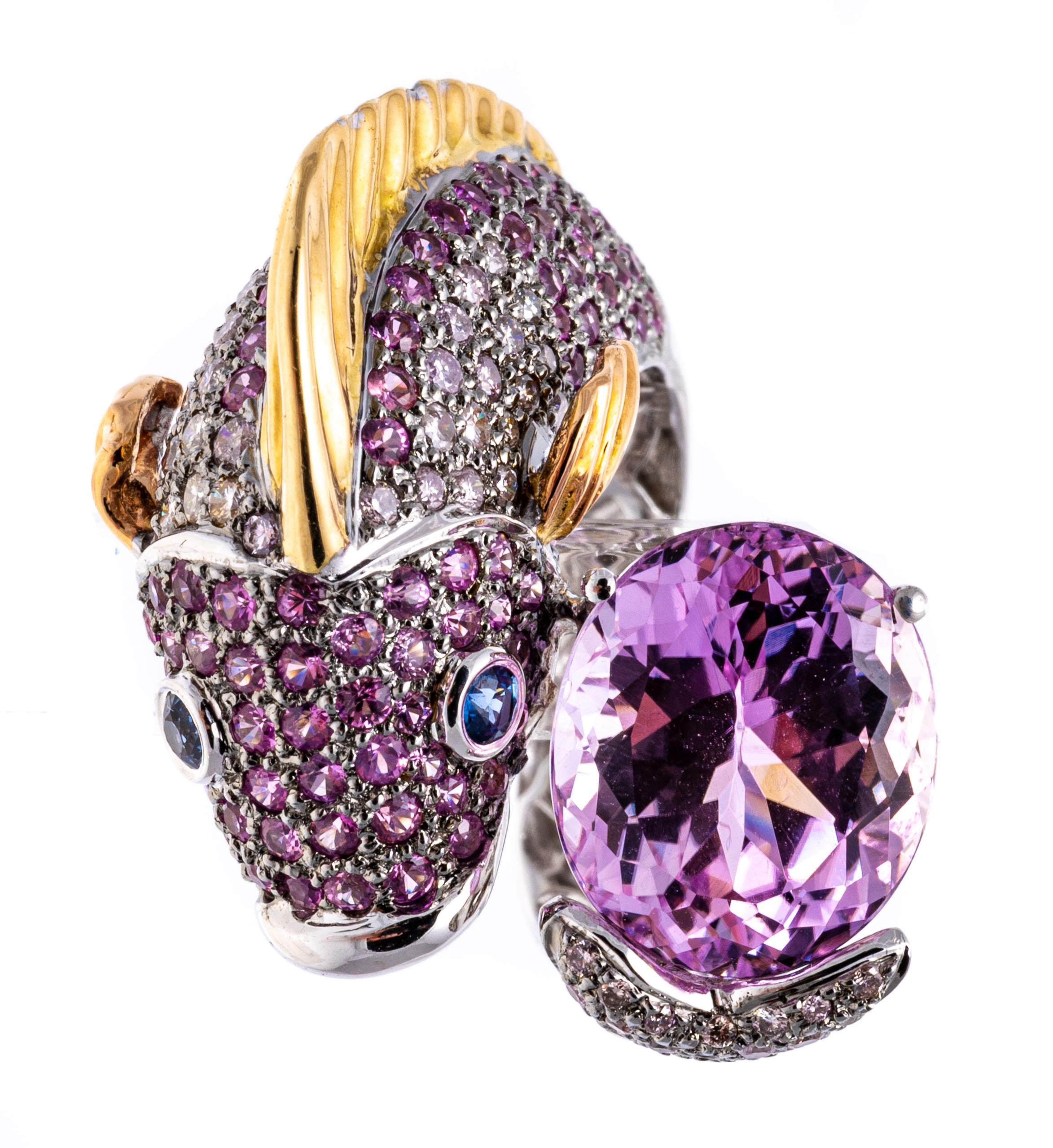 Contemporary 14k White Gold Pink Sapphire, Diamond and Kunzite Bypass Fish Ring