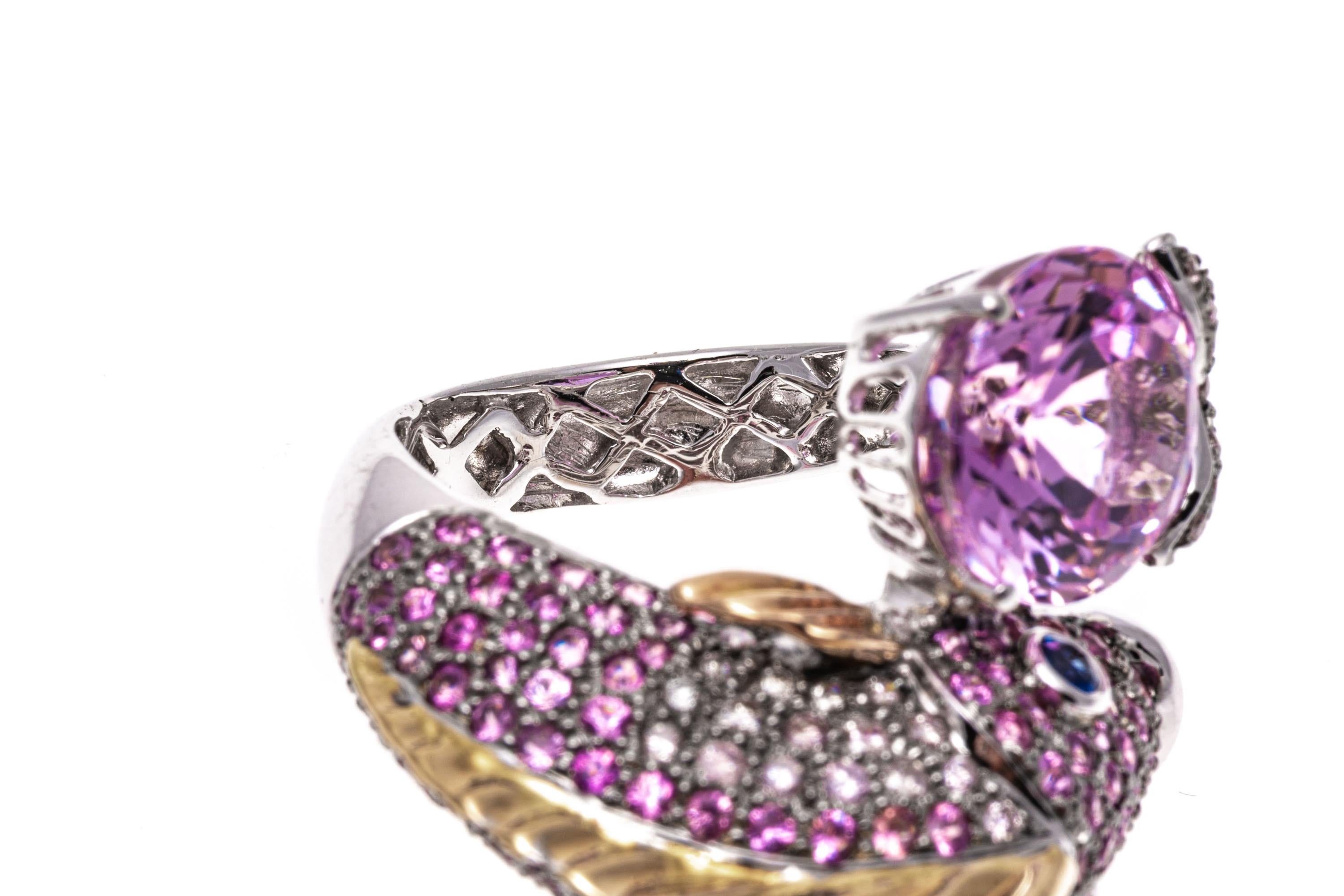 Round Cut 14k White Gold Pink Sapphire, Diamond and Kunzite Bypass Fish Ring