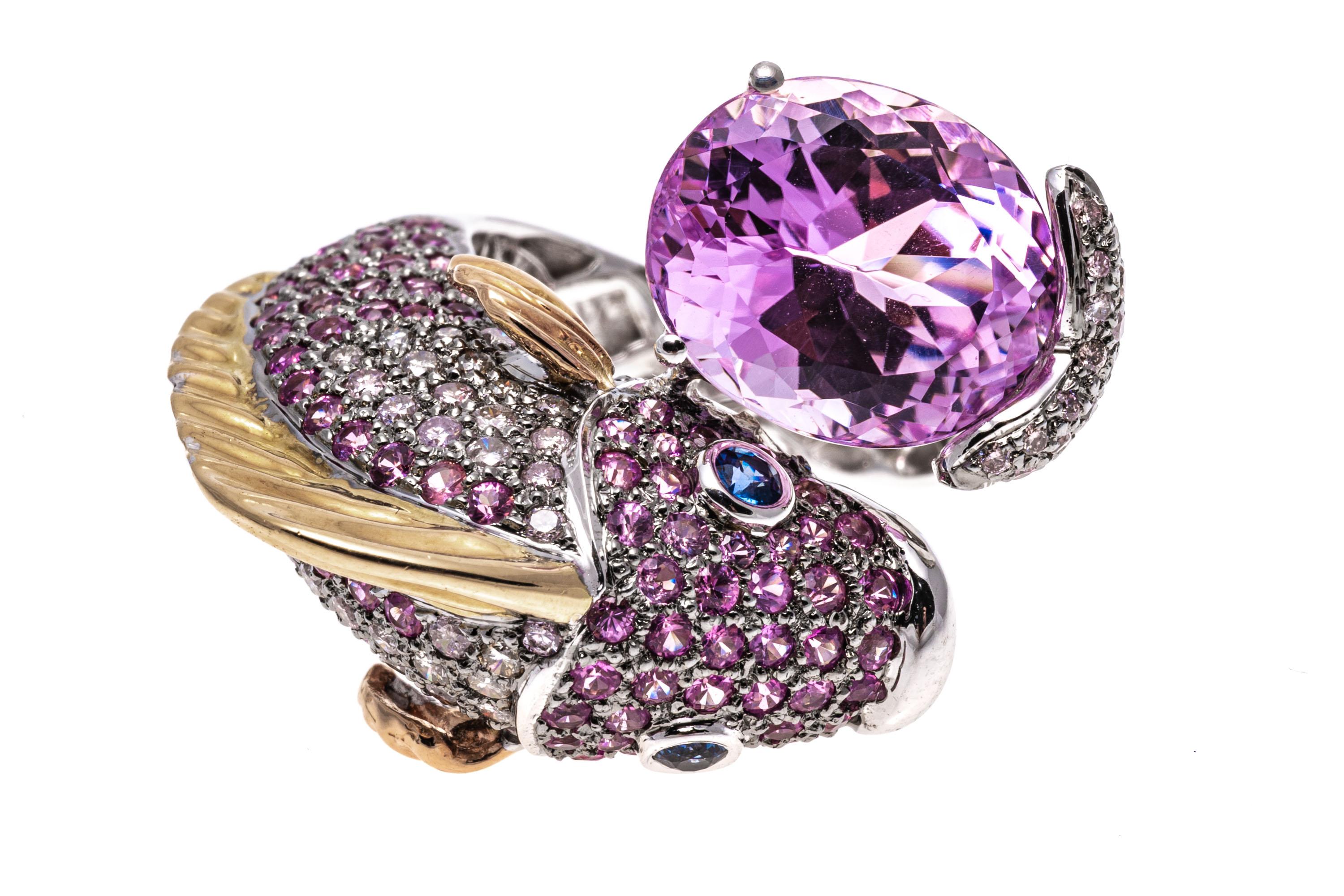 14k White Gold Pink Sapphire, Diamond and Kunzite Bypass Fish Ring In Good Condition In Southport, CT