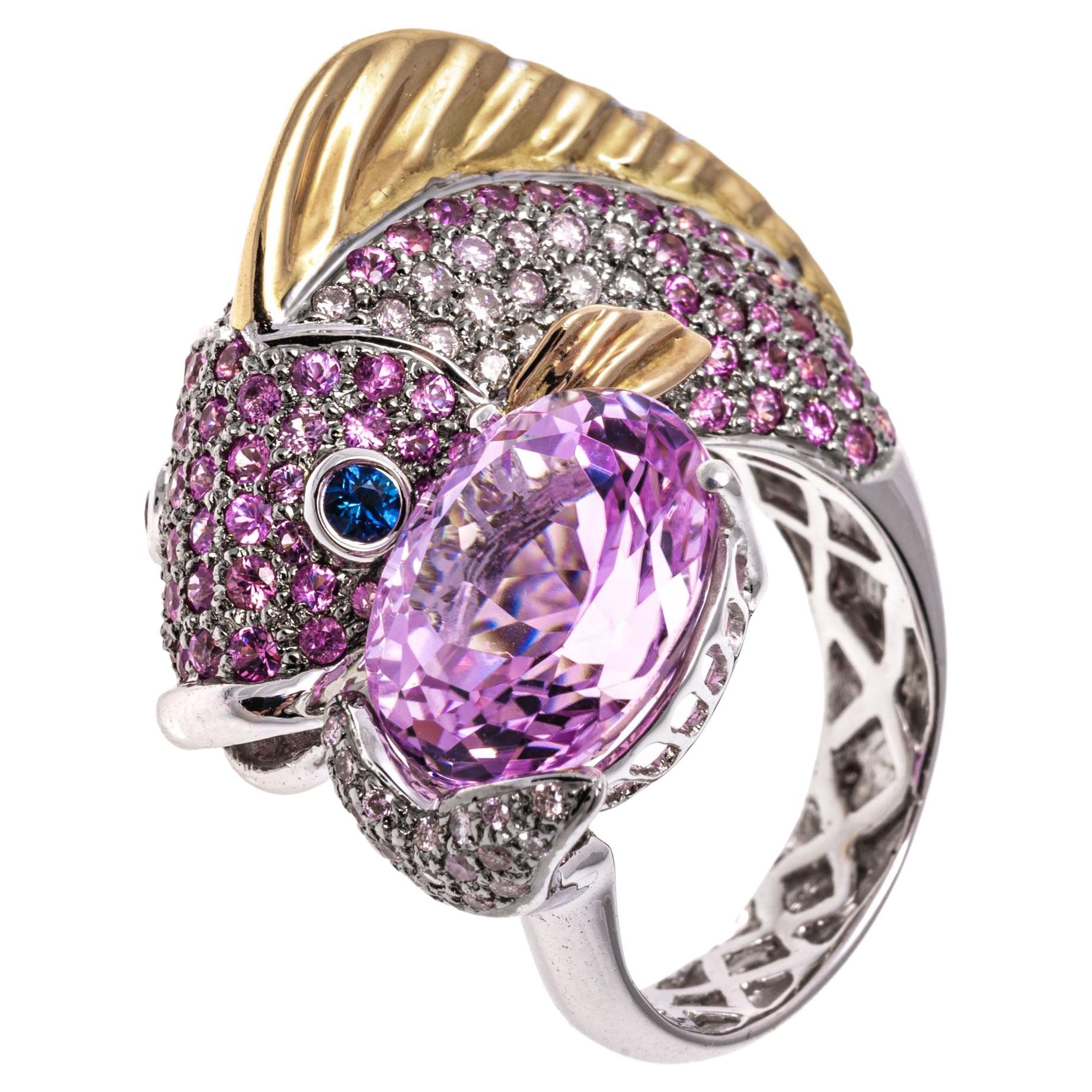 14k White Gold Pink Sapphire, Diamond and Kunzite Bypass Fish Ring