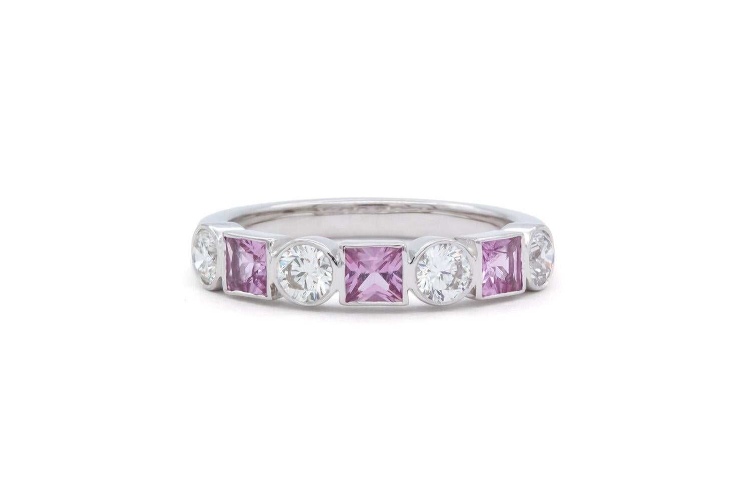 14k Weißgold Rosa Saphir & Diamant Mode Stacking-Ring (Zeitgenössisch) im Angebot
