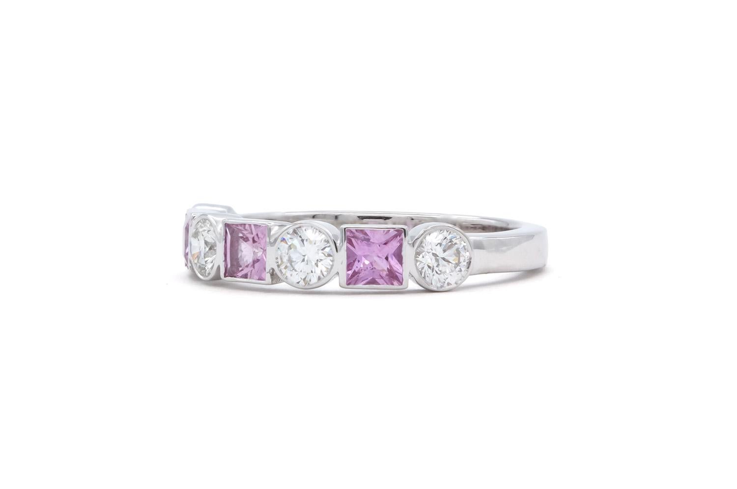 14k Weißgold Rosa Saphir & Diamant Mode Stacking-Ring (Rundschliff) im Angebot
