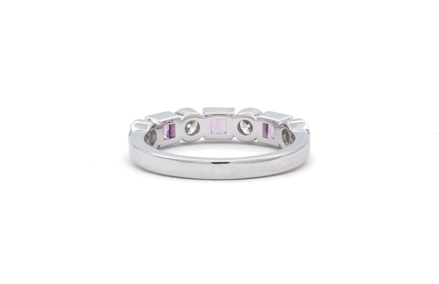 Round Cut 14k White Gold Pink Sapphire & Diamond Fashion Stacking Ring For Sale