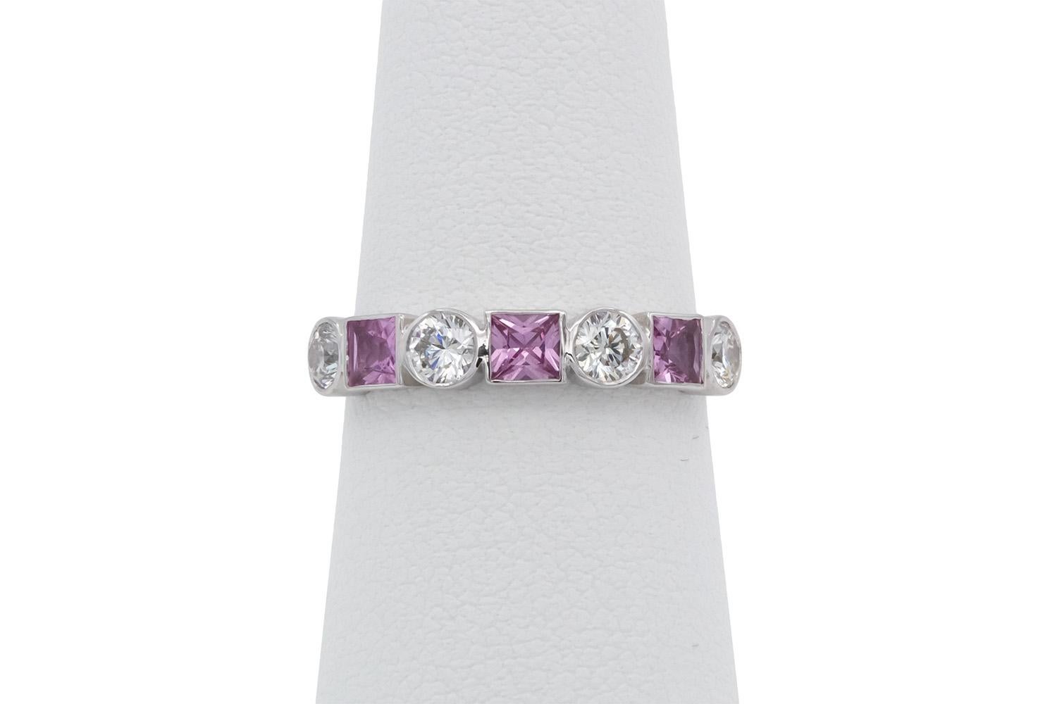 14k White Gold Pink Sapphire & Diamond Fashion Stacking Ring In New Condition For Sale In Tustin, CA
