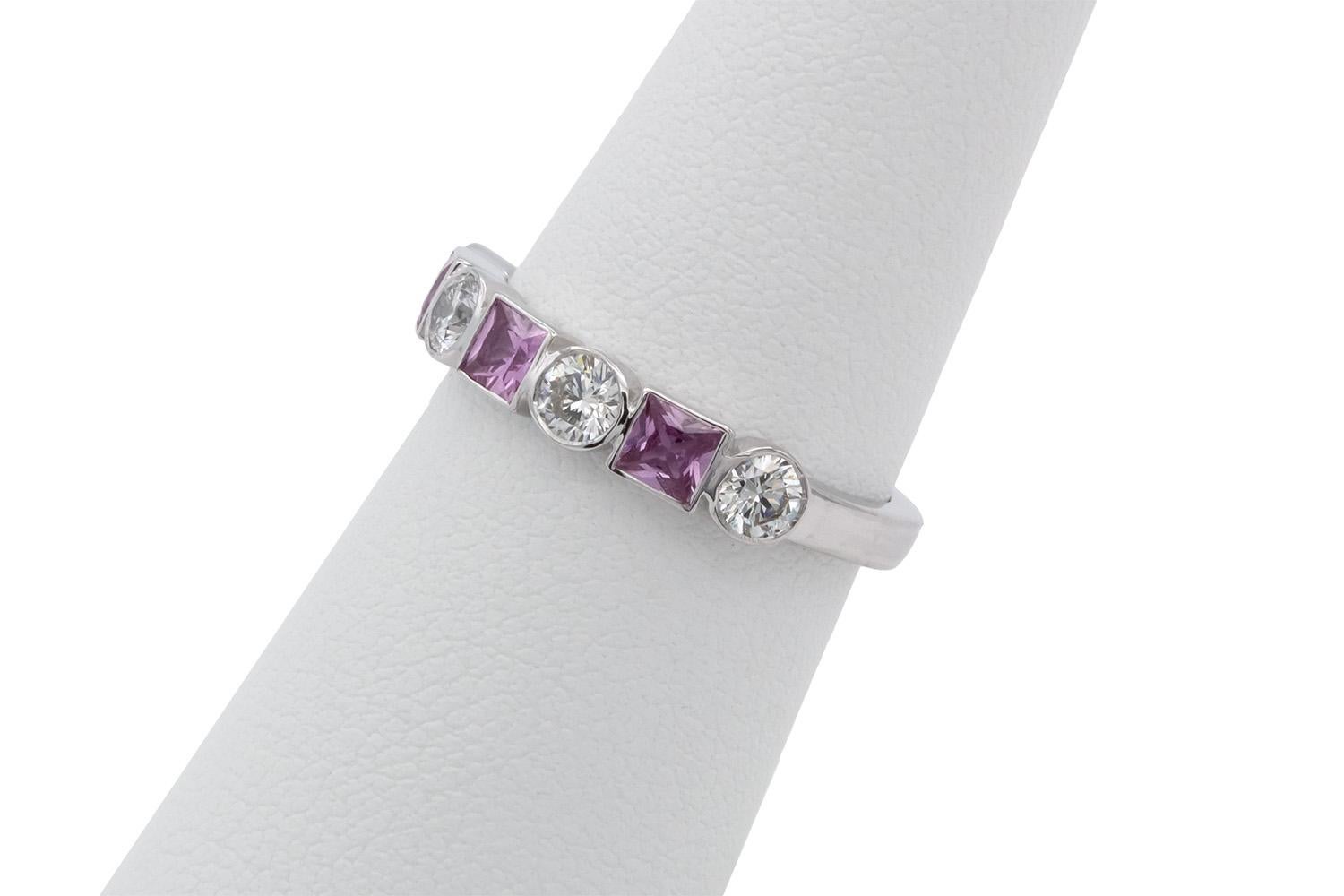 Women's or Men's 14k White Gold Pink Sapphire & Diamond Fashion Stacking Ring For Sale