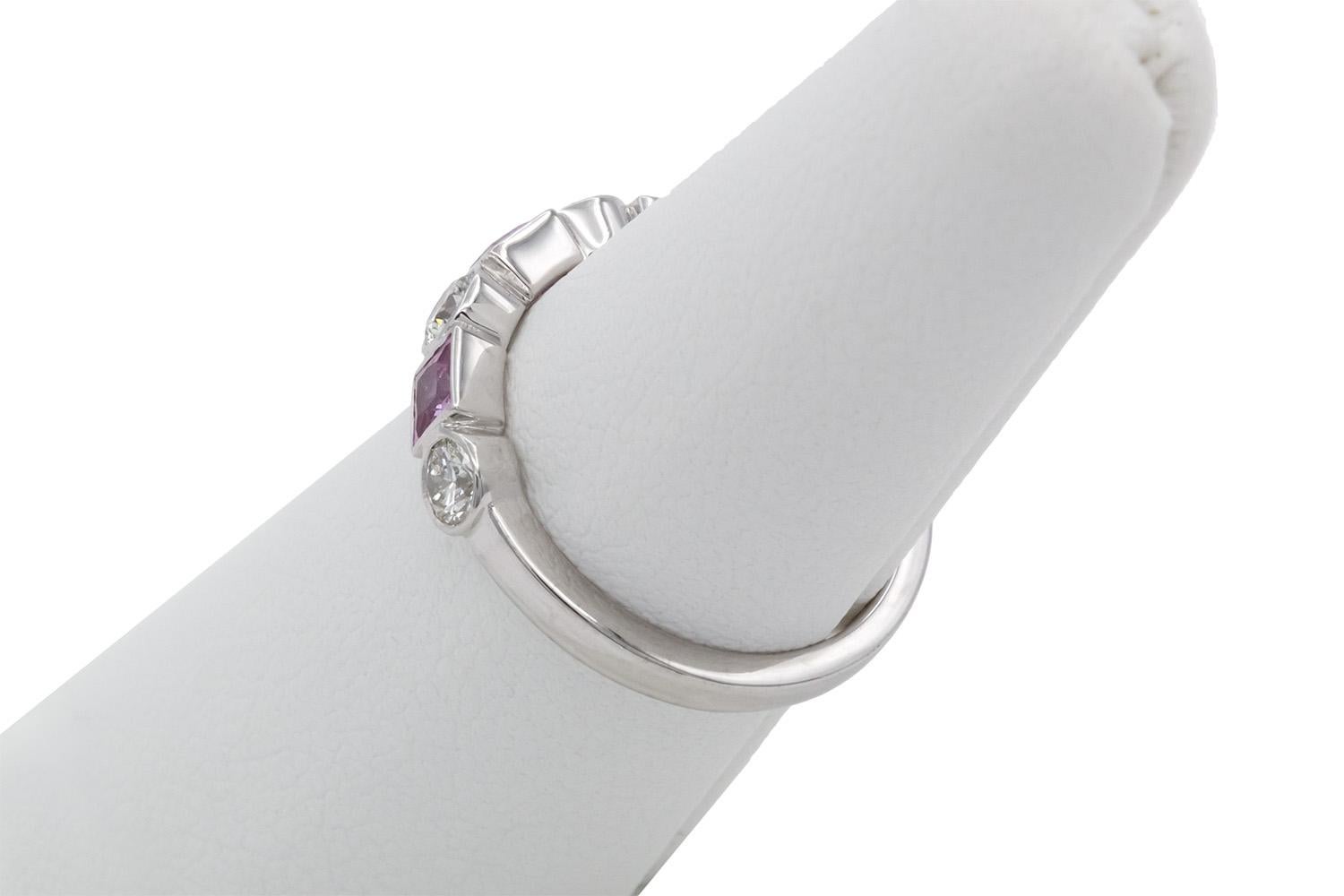 14k White Gold Pink Sapphire & Diamond Fashion Stacking Ring For Sale 1