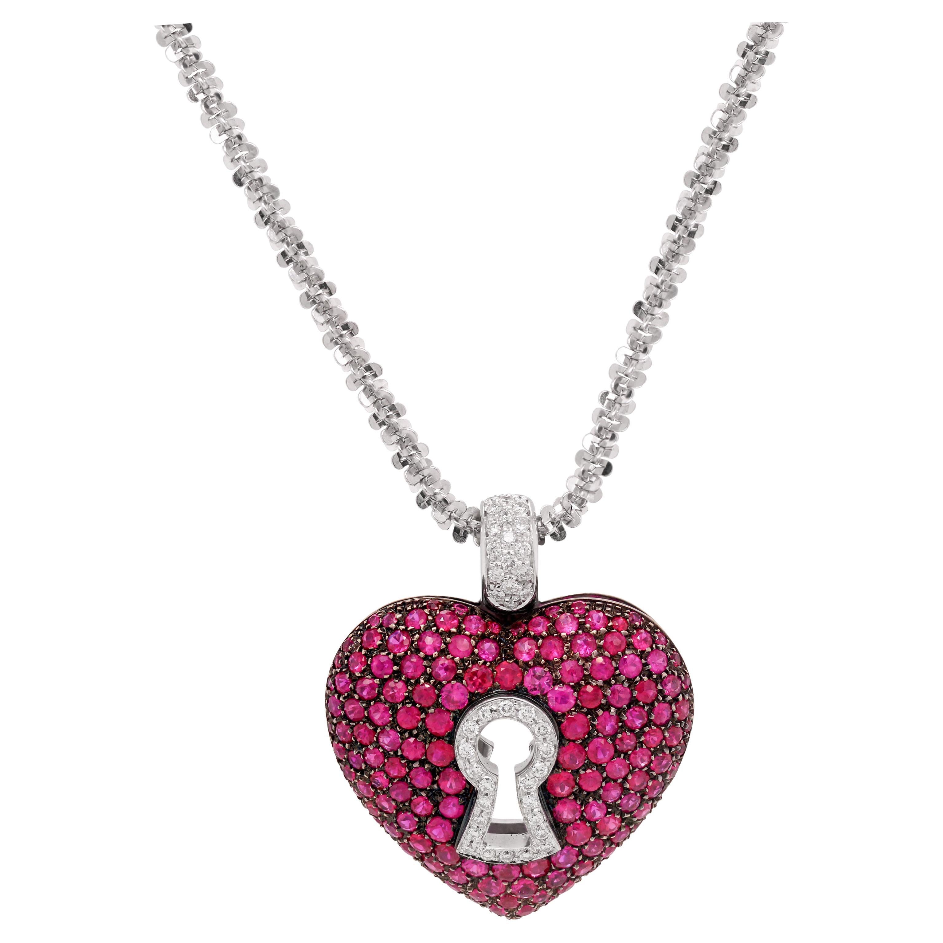14K White Gold Pink Sapphire Diamond Heart Pendant Diamond Cut Chain Necklace For Sale