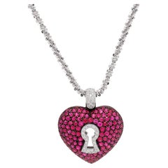14 Karat Weißgold Halskette mit Diamant-Herz-Anhänger, rosa Saphir, Diamant im Diamantschliff