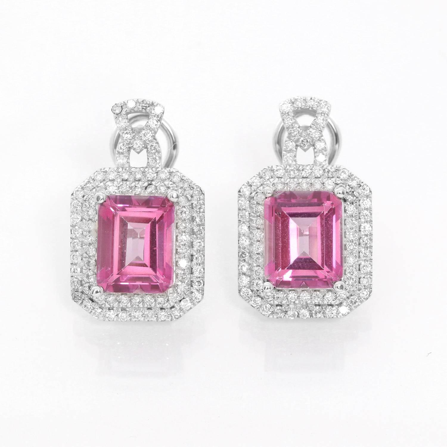 14 Karat White Gold Pink Topaz Diamond Earrings In New Condition In Dallas, TX
