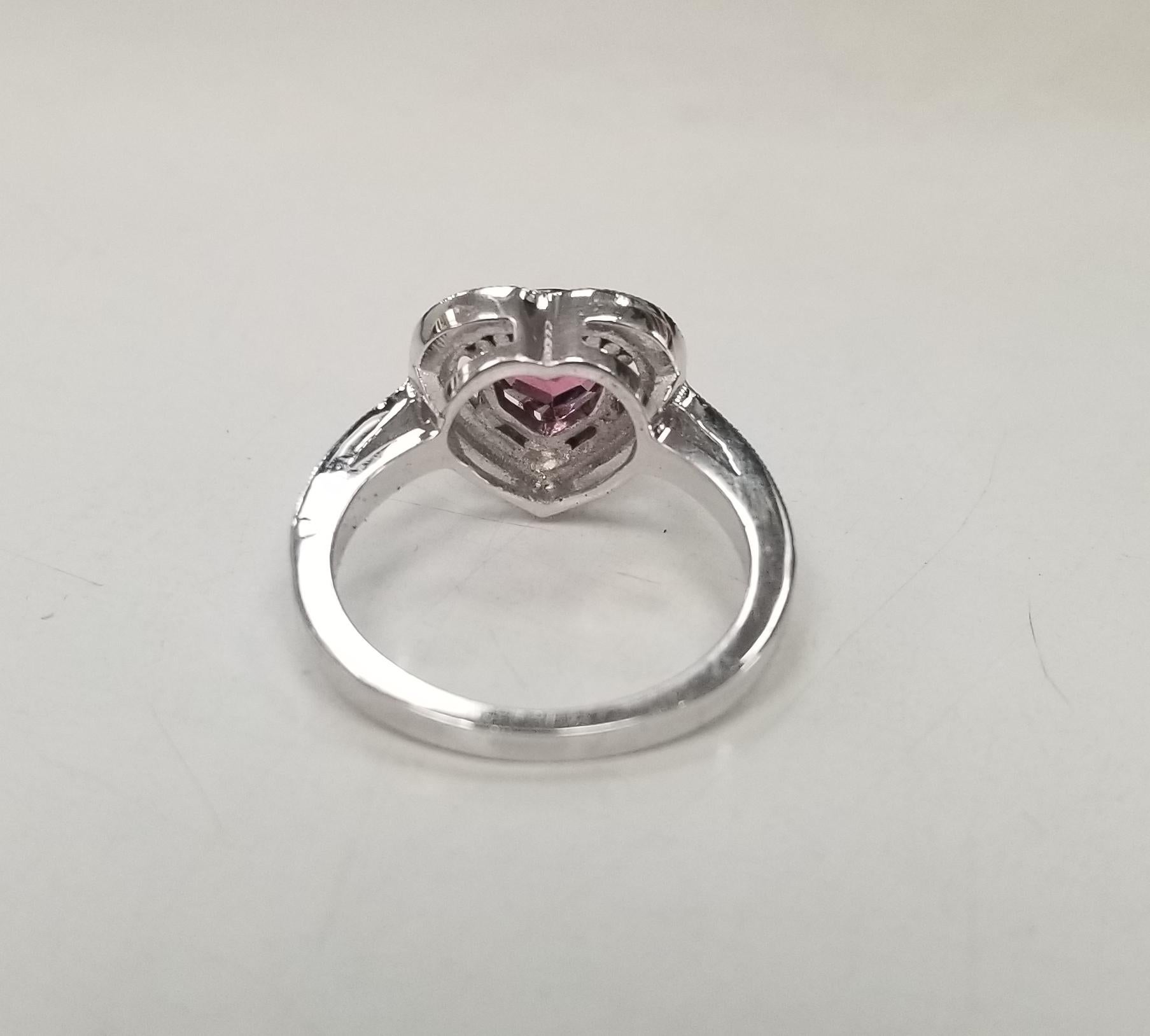Heart Cut 14k white gold pink tourmaline and diamond halo ring