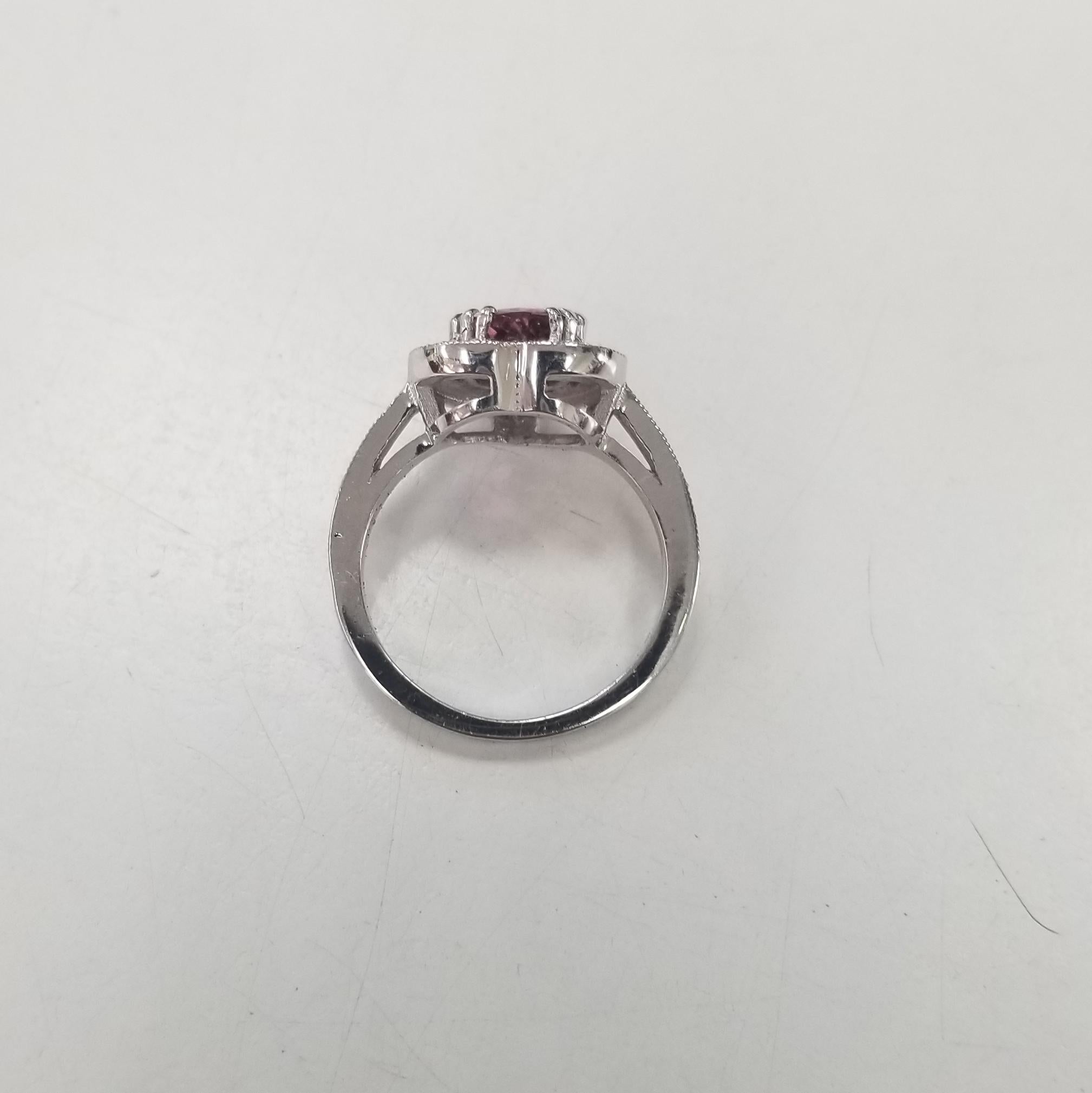 14k white gold pink tourmaline and diamond halo ring In New Condition In Los Angeles, CA