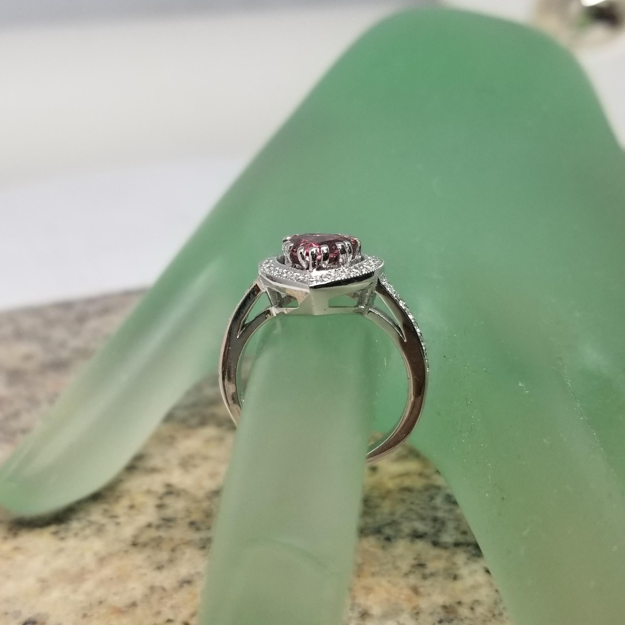 14k white gold pink tourmaline and diamond halo ring 1