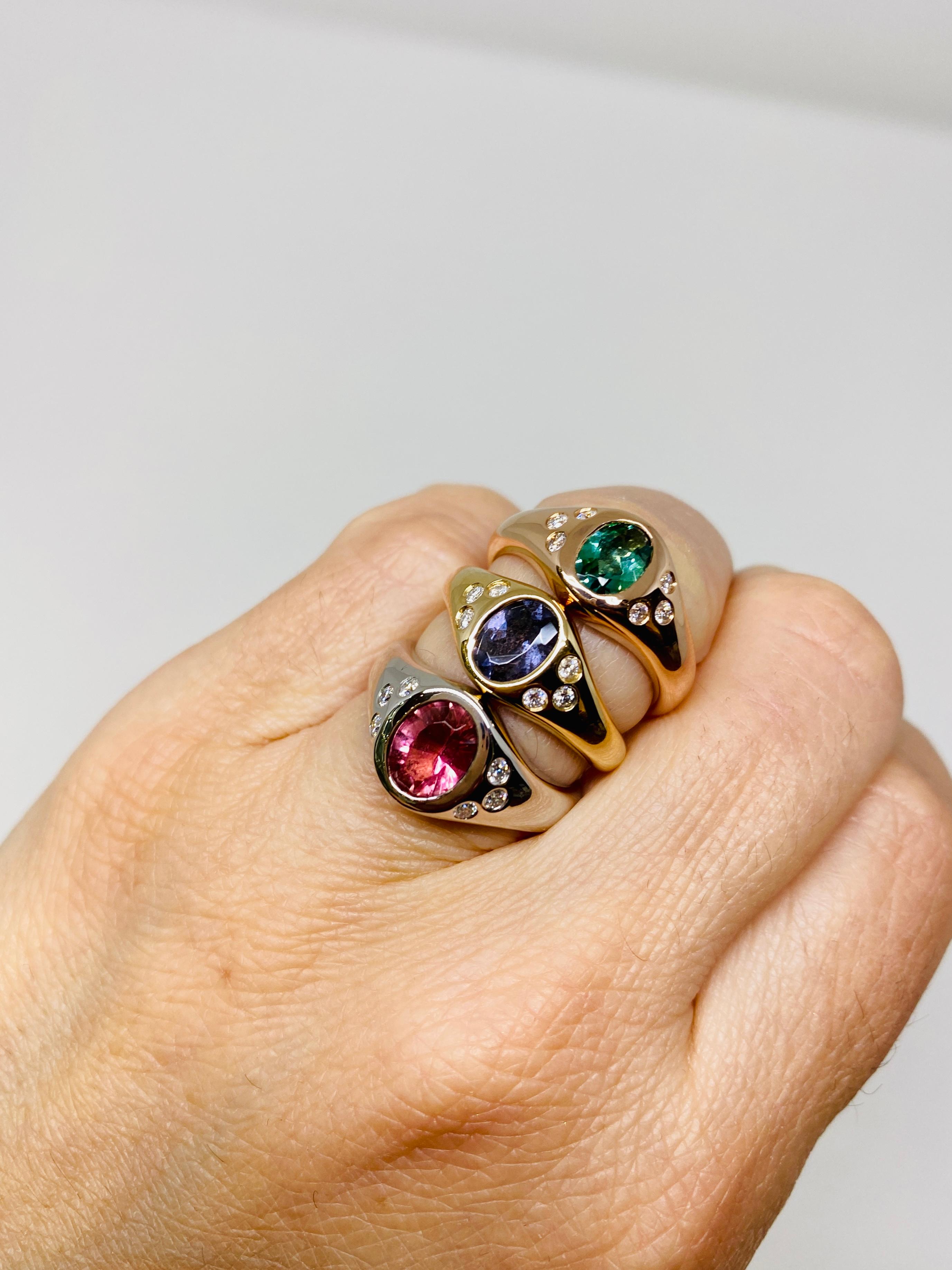 14k Weißgold Rosa Turmalin und Diamant Pinky Signet Ring (Ovalschliff)