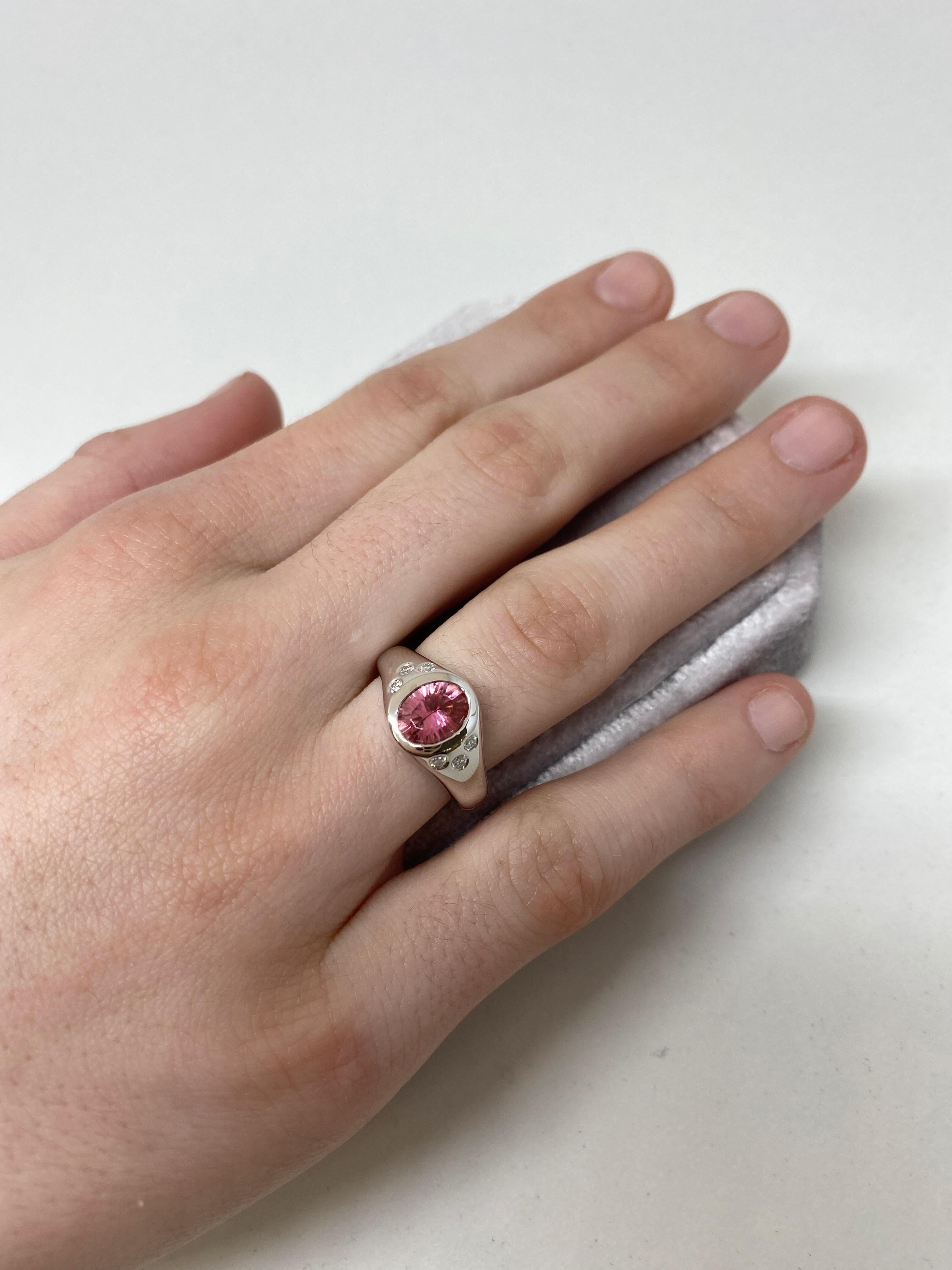 Contemporary 14k White Gold Pink Tourmaline and Diamond Pinky Signet Ring For Sale