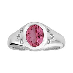 Bague sigillaire rose en or blanc 14 carats avec tourmaline rose et diamants