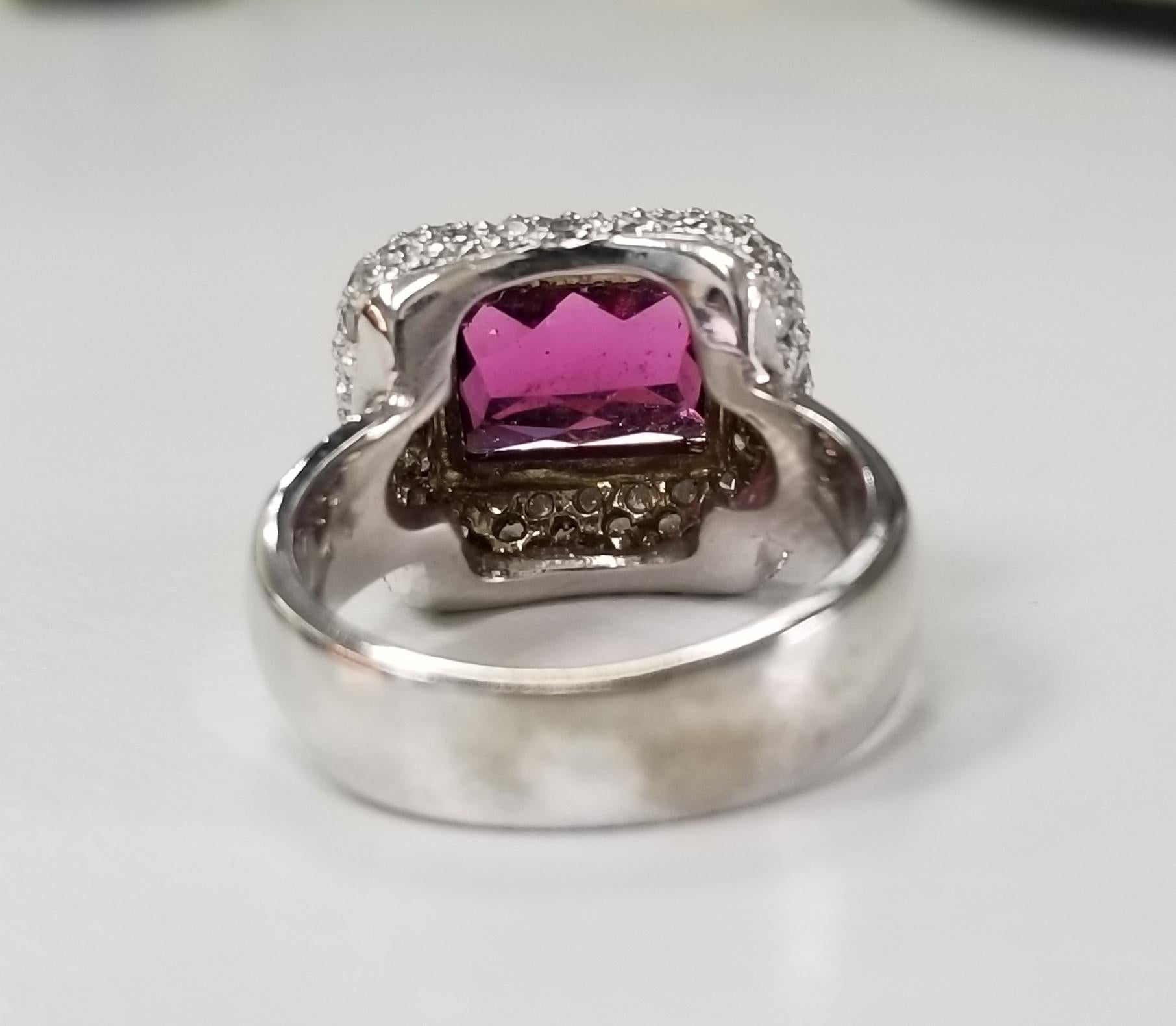 French Cut 14 Karat White Gold Pink Tourmaline and Diamond Ring For Sale