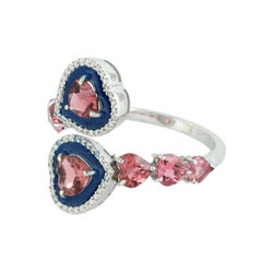 Bypass-Ring aus 14-karätigem Weißgold mit rosa Turmalin und Diamanten, emailliert