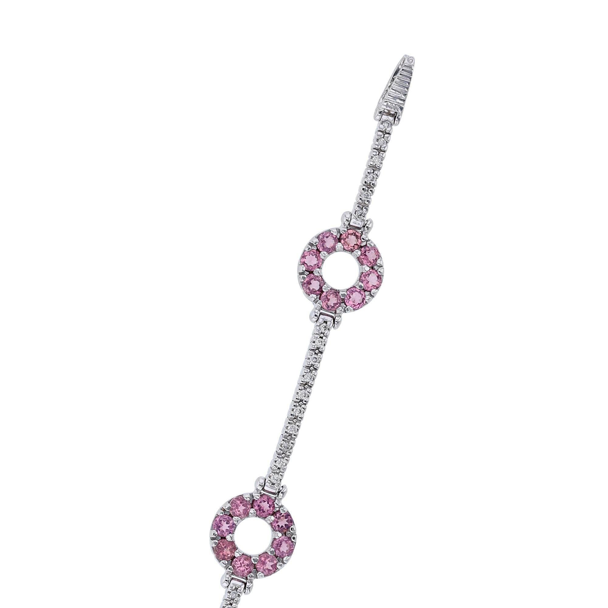 Contemporary 14K White Gold Pink Tourmaline Round Link Diamond Bracelet