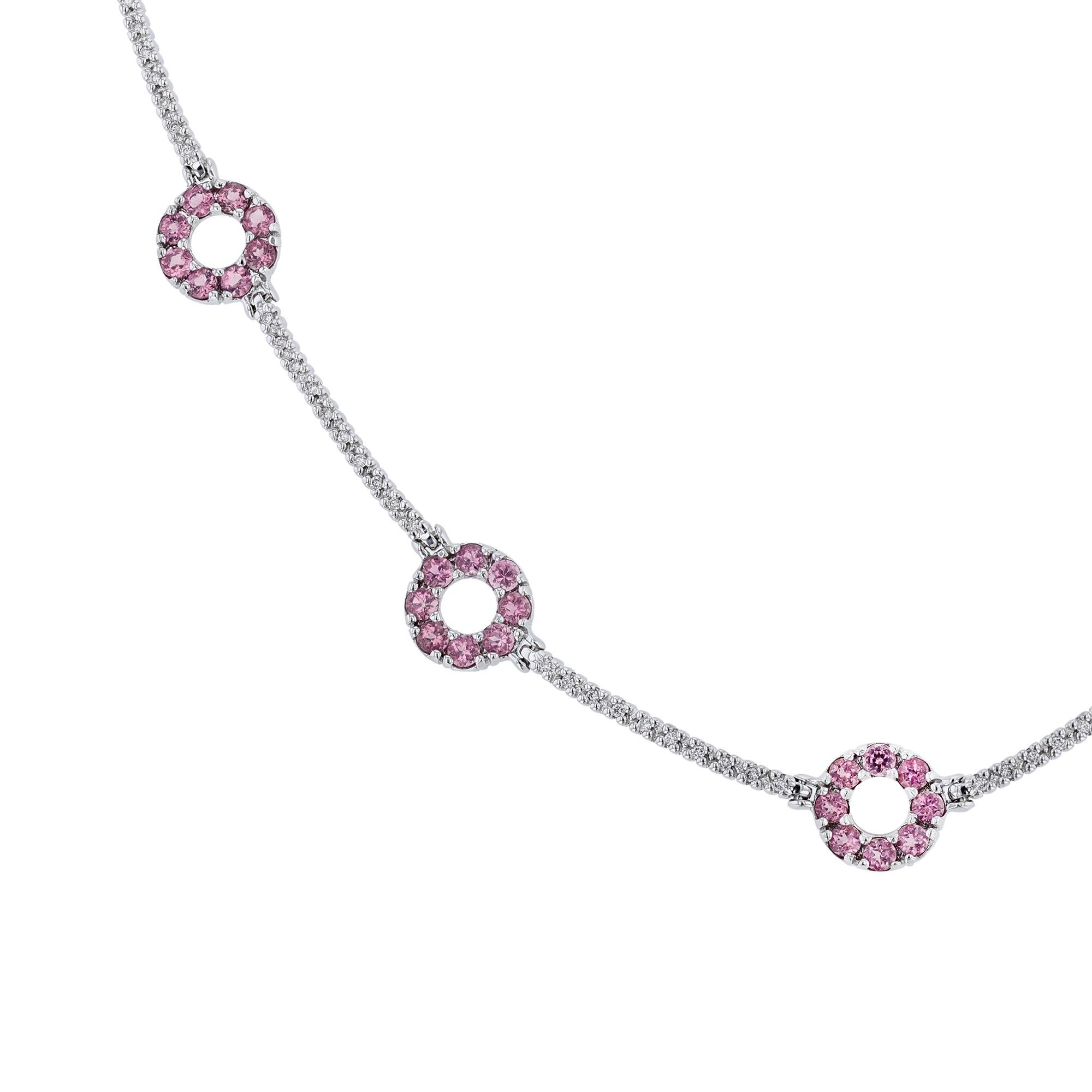 Contemporary 14K White Gold Pink Tourmaline Round Link Diamond Necklace For Sale