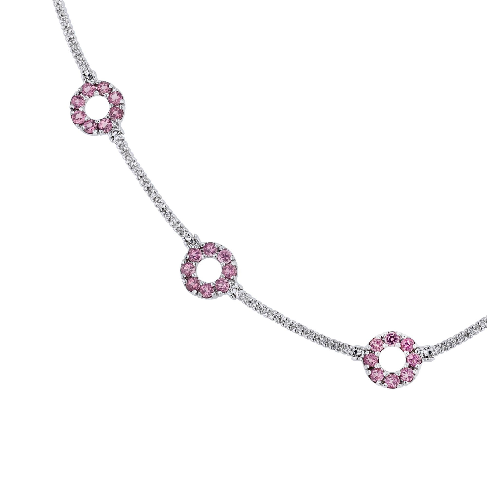 Contemporain Collier à maillons ronds en or blanc 14 carats avec tourmaline rose et diamants en vente