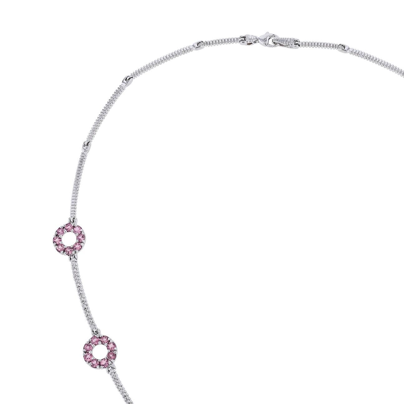Round Cut 14K White Gold Pink Tourmaline Round Link Diamond Necklace For Sale
