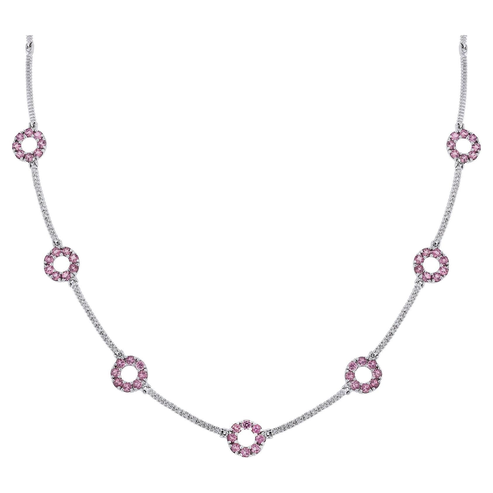 14K White Gold Pink Tourmaline Round Link Diamond Necklace For Sale
