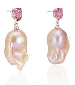14 Karat White Gold Pink Tourmaline with Natural Pink Baroque Pearl Earrings