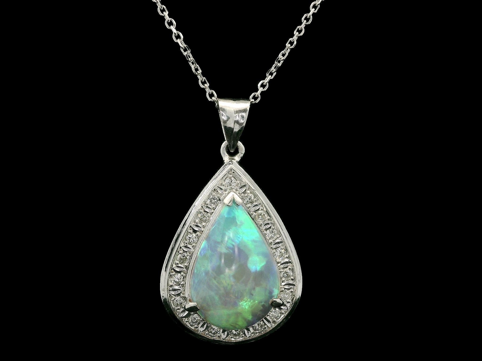 Cabochon 14k White Gold & Platinum 3.79ctw Tear Drop Pear Opal Diamond Pendant Necklace For Sale