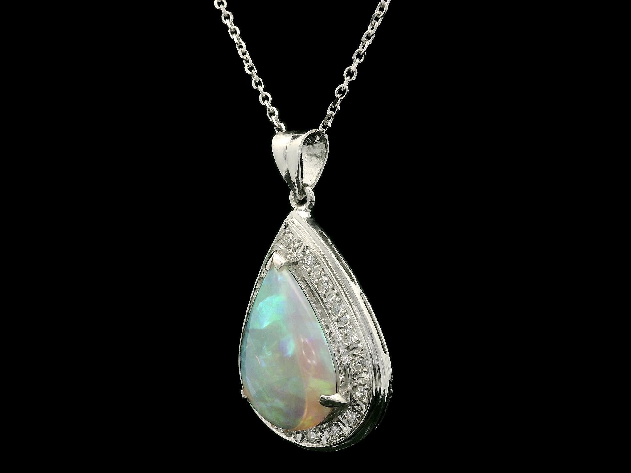 Women's 14k White Gold & Platinum 3.79ctw Tear Drop Pear Opal Diamond Pendant Necklace For Sale