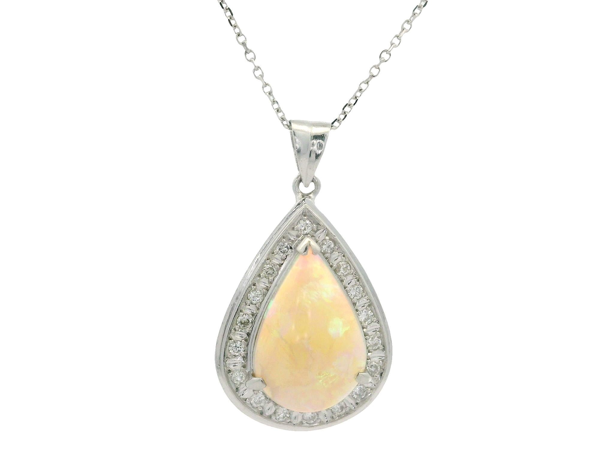 14k White Gold & Platinum 3.79ctw Tear Drop Pear Opal Diamond Pendant Necklace For Sale 3