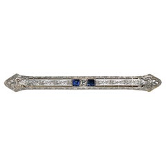 14K White Gold & Platinum Antique Brooch w/ Diamond & Blue Spinel